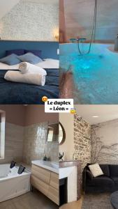 eine Collage aus vier Bildern eines Hotelzimmers in der Unterkunft leon in Landerneau