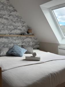 ein Schlafzimmer mit einem Bett und einem Fenster in der Unterkunft Leonard in Landerneau