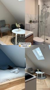 a collage of four pictures of a room at Léonie-Les appart's de Léon in Landerneau