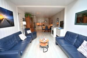 a living room with blue couches and a table at Woeste Hoeve 112 in Biggekerke