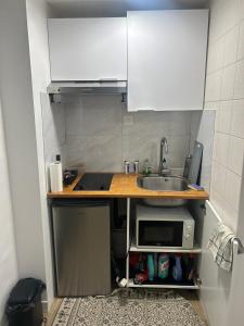 a small kitchen with a sink and a microwave at Schill Weiße Ruhe in Schweich