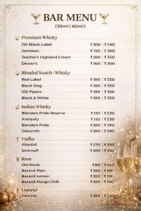 a menu for a barmenu with glasses of champagne at royal galaxy hotel in Durgāpur
