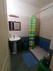a bathroom with a sink and a shower curtain at Les 4 chemins in Bejaïa