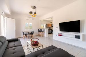 a living room with a couch and a flat screen tv at Villa Pasiphae by PosarelliVillas in Vamos
