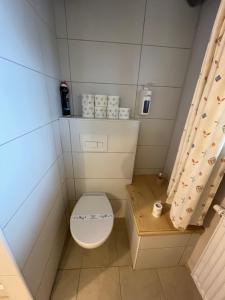 ein kleines Badezimmer mit Toilette in einem Zimmer in der Unterkunft AgroKrówka - Agroturystyka w Niecieczy in Nieciecza