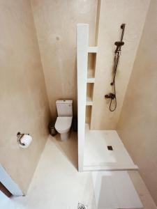 a small bathroom with a toilet and a shower at Sand & Sea II in Neo Klima
