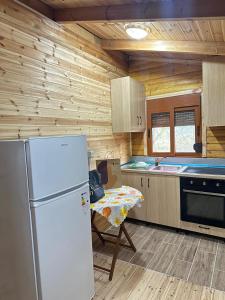 a kitchen with a refrigerator and a table with a chair at Guesthouse Katerina in Përmet +3 photos