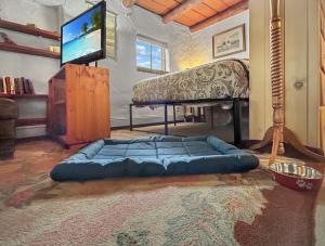 a large blue dog bed in a living room at Casita Adobe in Grand Junction