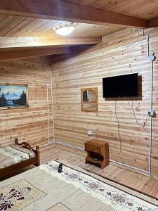 a room with a wooden wall with a flat screen tv at Guesthouse Katerina in Përmet