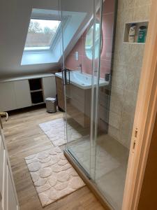 a bathroom with a glass shower and a sink at Chambres d'hôtes de l'Eau dit Sée in Cuves