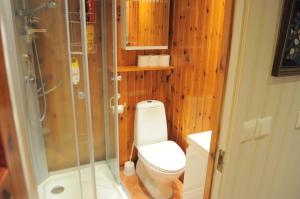 a bathroom with a toilet and a shower in it at Eldhuset in Stavanger +32 photos