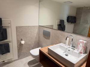 a bathroom with a white sink and a toilet at Landhaus Langeck in Münstertal
