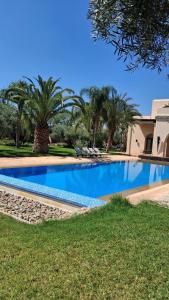a large swimming pool in a yard with palm trees at Villa maryama in Marrakesh