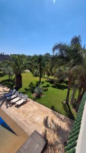 a row of lounge chairs on a patio with palm trees at Villa maryama in Marrakesh