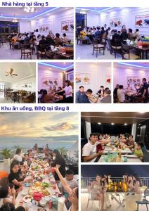 a collage of photos of people eating at a long table at Time Villa in Tam Ðảo