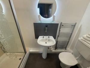 a bathroom with a sink and a toilet and a mirror at Cumbrian Lodge in Seascale