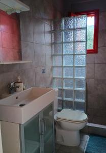 a bathroom with a toilet and a sink and a window at Helios-Selene Villa in Lévktron +29 photos