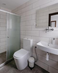 a white bathroom with a toilet and a sink at Familia in Český Krumlov