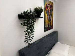a couch with a plant on a wall with a painting at Blue Sea Nest in Paralia Katerinis +14 photos