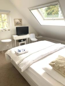 a bedroom with a bed with a window and a tv at Gezellig Cottage Markdal met gratis fietsen in Breda