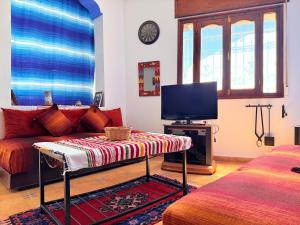 a living room with a couch and a tv at Casa Olea Vista in Chefchaouen