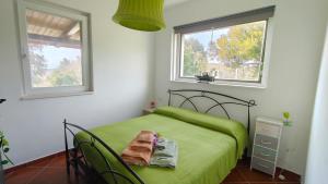 a bedroom with a green bed and two windows at Recidence Villa Olivia in Itri +79 photos