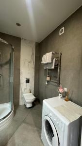 a bathroom with a washing machine and a toilet at Апартаменти над каньйоном in Kamianets-Podilskyi +66 photos
