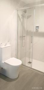 a white bathroom with a shower and a toilet at Pension Casa Curro in Palas de Rei +15 photos