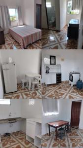 a collage of three pictures of a room at Kitinet in Marataizes