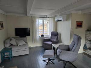 a living room with two chairs and a couch and a tv at Lite hus ved sjøen in Evjen