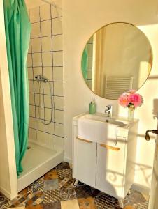 a bathroom with a sink and a mirror and a shower at Le Repos Poitevin Studio Atypique in Vivonne