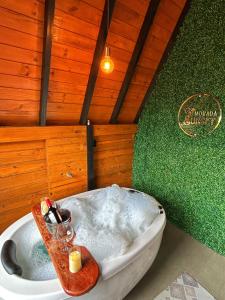 a bath tub in a room with a green wall at Morada Sunset in Imaruí +33 photos