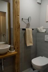a bathroom with a white toilet and a sink at Wohnen bei FrauSchmitt in Bad König