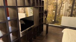 a living room with a television in a wooden entertainment center at Vendi Grand Square Residence in Sibiu