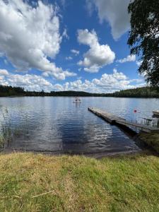 a lake with a dock and people in the water at Torpidyll nära sjö in Vetlanda