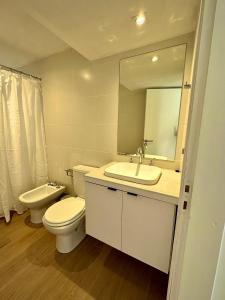 a bathroom with a toilet and a sink and a mirror at Apart Exclusivo a Estrenar - Tu Base Perfecta in El Calafate