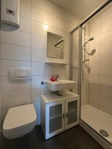 a bathroom with a sink and a toilet and a shower at Ferienhaus Talblick in Kelberg +43 photos