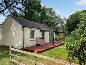 a small house with a wooden deck in the yard at Beachside in Llanstephan