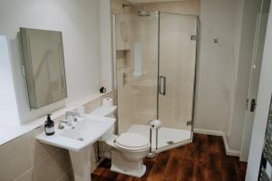 a bathroom with a toilet and a sink and a shower at Charming St Davids Cottage with Cathedral Views in St. Davids