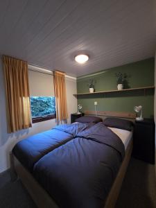 a bedroom with a bed with blue sheets and a window at De Greidefûgel in Westergeest