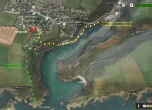 a map of a river with yellow dots at Charming Upper Solva Cottage by Beaches and Harbour in Solva +33 photos