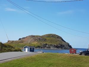 a house next to a body of water with a mountain at Crimson Sky Cottage in Twillingate