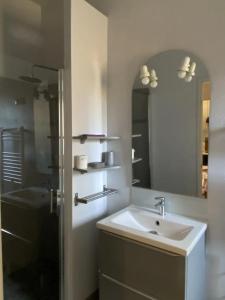 a bathroom with a sink and a mirror at Villa MERYEM in Néris-les-Bains +21 photos