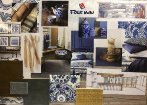 a collage of photos of blue and white ceramics at Folk Inn Ontario Airport in Ontario