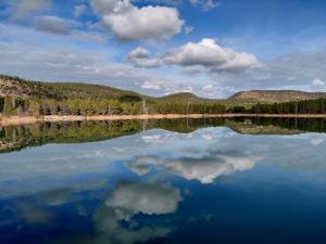 a view of a lake with trees and clouds in the sky at Apartamentos El Prado FAMILIAS in Valbona