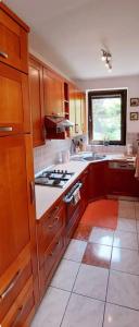 a kitchen with wooden cabinets and a stove top oven at Magnolia Garden, 12 min walk to the beach in Ankaran