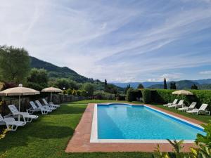 a swimming pool in a yard with chairs and umbrellas at Trebbiolo in Dicomano
