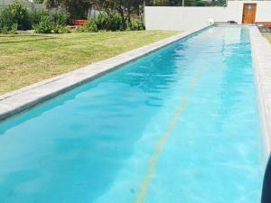 a swimming pool with blue water in a yard at The Jbaynian in Jeffreys Bay