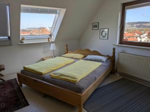 a bedroom with a bed and two windows at Pension Eltmann in Eltmann