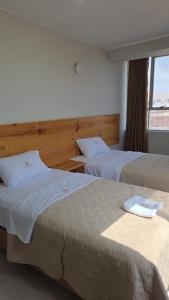 ein Hotelzimmer mit zwei Betten und einem Fenster in der Unterkunft Hotel partenon in Tacna